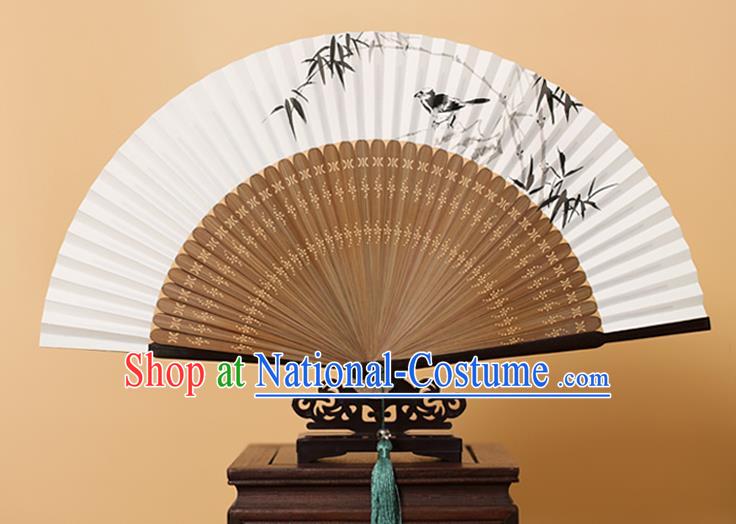 Traditional Chinese Crafts Hand Painting Bamboo Bird Folding Fan, China Handmade Xuan Paper Fans for Men