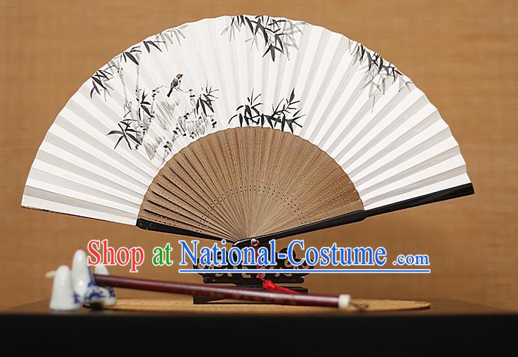 Traditional Chinese Crafts Hand Painting Bamboo Bird Folding Fan, China Handmade Xuan Paper Fans for Men