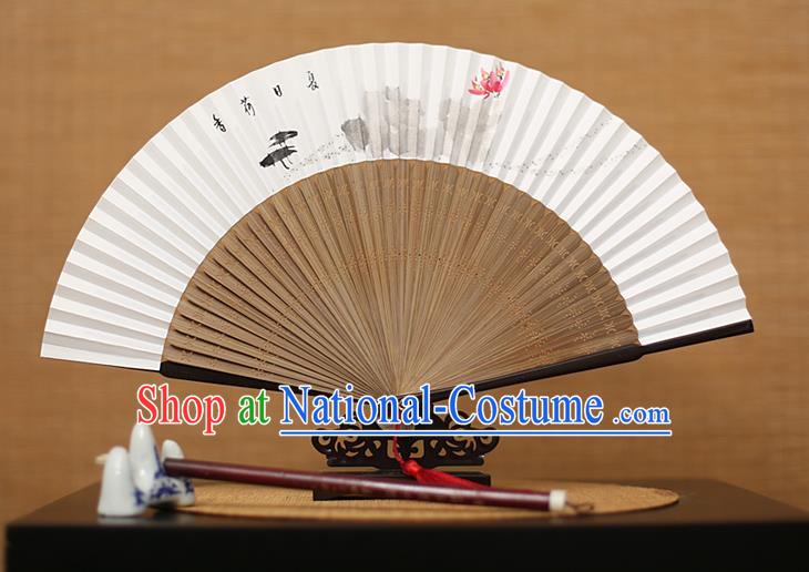 Traditional Chinese Crafts Hand Painting Lotus Folding Fan, China Handmade Xuan Paper Fans for Men