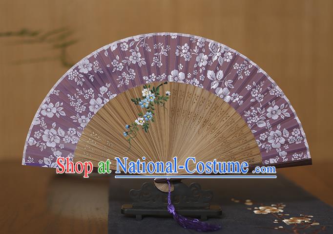 Traditional Chinese Crafts Folding Fan, China Printing Flowers Purple Silk Fans for Women