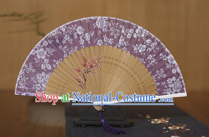 Traditional Chinese Crafts Folding Fan, China Printing Plum Blossom Purple Silk Fans for Women