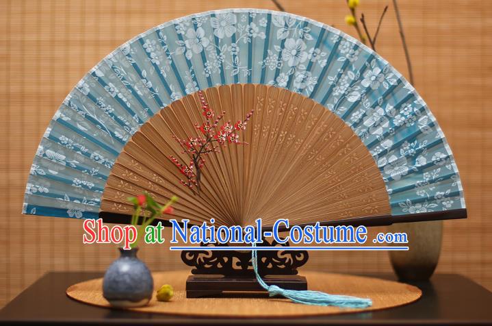 Traditional Chinese Crafts Folding Fan, China Printing Plum Blossom Blue Silk Fans for Women