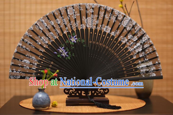 Traditional Chinese Crafts Folding Fan, China Printing Flowers Black Silk Fans for Women