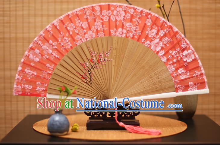 Traditional Chinese Crafts Folding Fan, China Printing Plum Blossom Red Silk Fans for Women