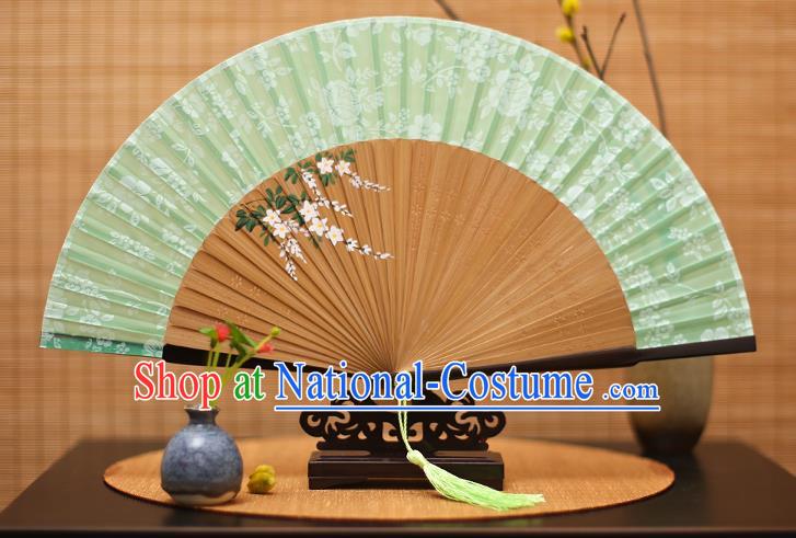 Traditional Chinese Crafts Folding Fan, China Printing Flowers Green Silk Fans for Women