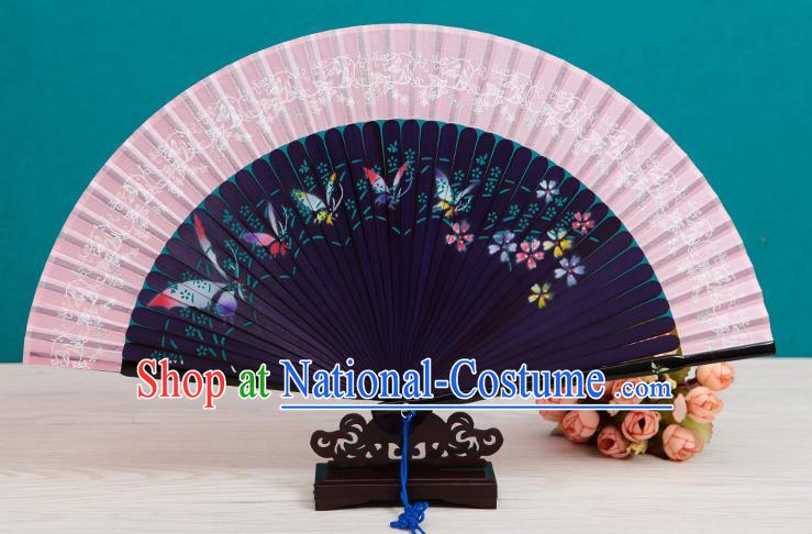 Traditional Chinese Crafts Folding Fan, China Printing Butterfly Purple Silk Fans for Women