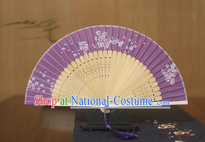 Traditional Chinese Crafts Folding Fan, China Printing Flowers Purple Silk Fans for Women