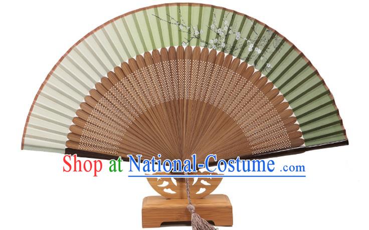 Traditional Chinese Crafts Folding Fan, China Printing Plum Blossom Green Silk Fans for Women