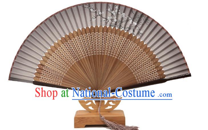 Traditional Chinese Crafts Folding Fan, China Printing Plum Blossom Black Silk Fans for Women