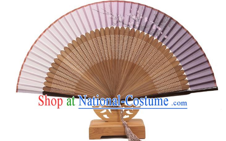 Traditional Chinese Crafts Folding Fan, China Printing Plum Blossom Lilac Silk Fans for Women