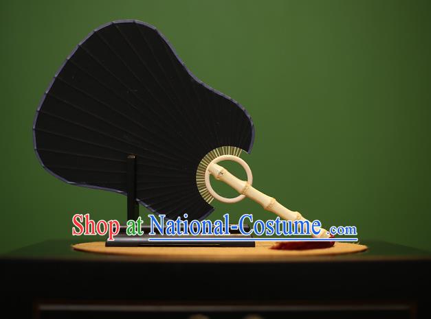 Traditional Chinese Crafts Black Palm-leaf Xuan Paper Fan, Chinese Art Paper Palace Fans Bamboo Handle Fans for Women