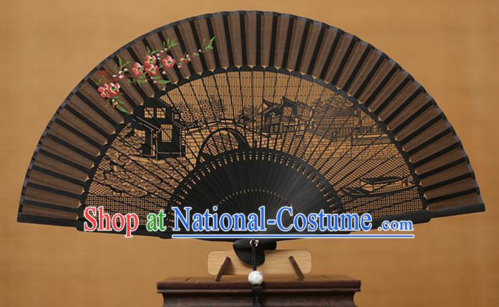 Traditional Chinese Crafts Hand Painting Wintersweet Folding Fan, China Handmade Black Silk Fans for Women