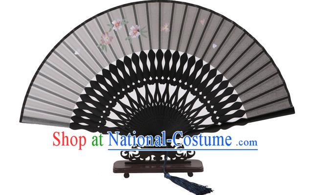 Traditional Chinese Crafts Hand Painting Flowers Folding Fan, China Handmade Black Silk Bamboo Fans for Women