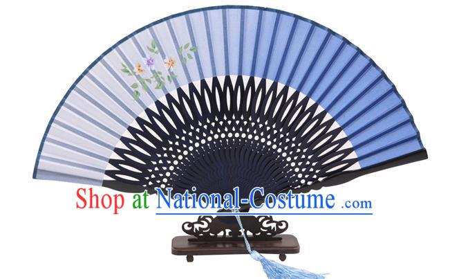 Traditional Chinese Crafts Hand Painting Flowers Folding Fan, China Handmade Blue Silk Bamboo Fans for Women