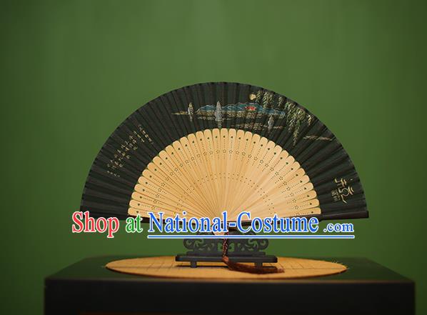 Traditional Chinese Crafts Hand Painting West Lake Silk Folding Fan, China Handmade Bamboo Fans for Women