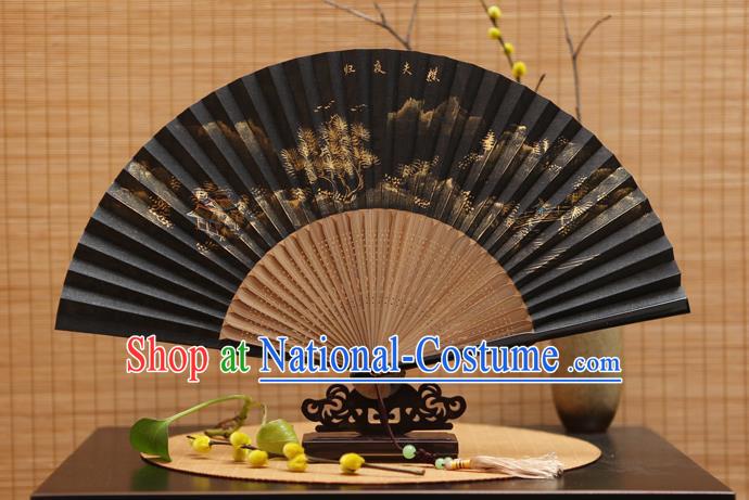 Traditional Chinese Crafts Hand Painting Black Silk Folding Fan, China Handmade Bamboo Fans for Women