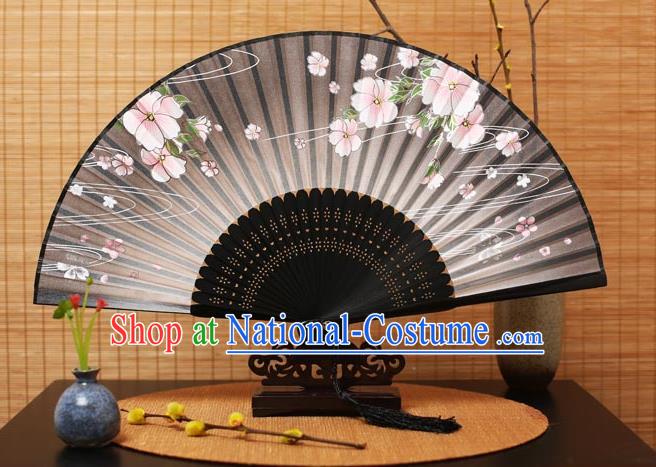 Traditional Chinese Crafts Printing Flowers Black Folding Fan, China Handmade Bamboo Fans for Women