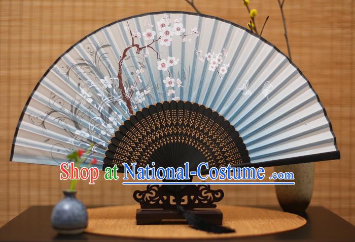 Traditional Chinese Crafts Printing Plum Blossom Blue Folding Fan, China Handmade Bamboo Fans for Women