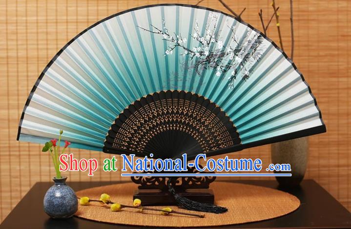 Traditional Chinese Crafts Printing Plum Blossom Green Folding Fan, China Handmade Bamboo Fans for Women