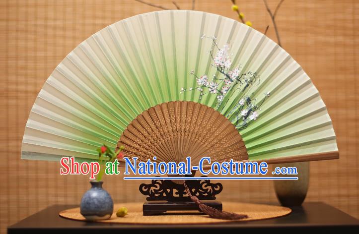 Traditional Chinese Crafts Printing Plum Blossom Light Green Folding Fan, China Handmade Bamboo Fans for Women