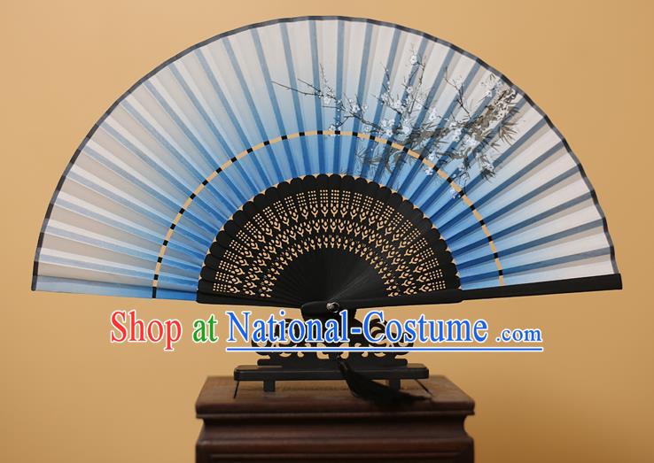 Traditional Chinese Crafts Printing Plum Blossom Light Blue Folding Fan, China Handmade Bamboo Fans for Women