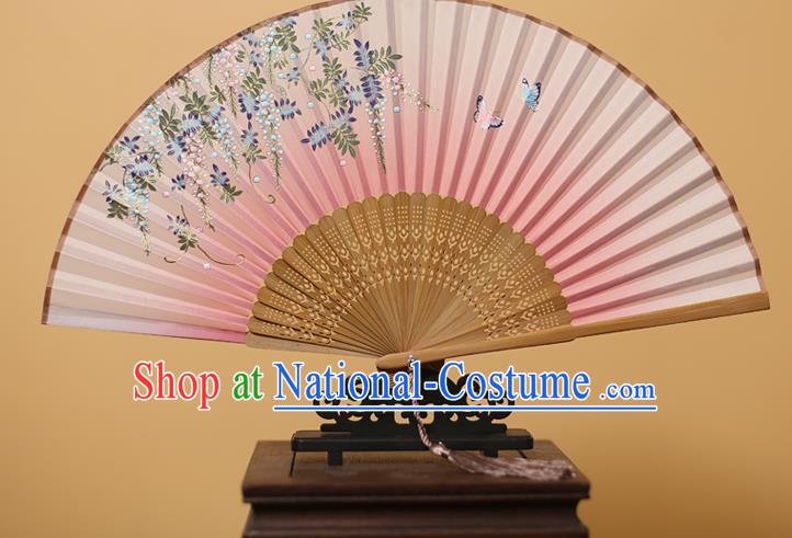 Traditional Chinese Crafts Printing Wisteria Pink Folding Fan, China Handmade Bamboo Fans for Women