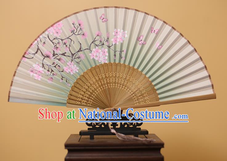 Traditional Chinese Crafts Printing Peach Blossom Green Folding Fan, China Handmade Bamboo Fans for Women