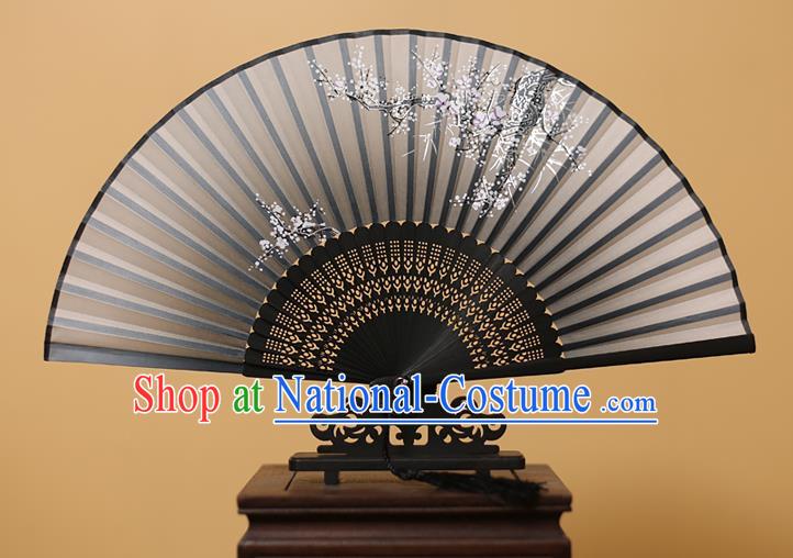 Traditional Chinese Crafts Printing Wintersweet Black Folding Fan, China Handmade Bamboo Fans for Women