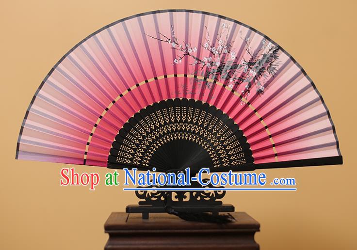 Traditional Chinese Crafts Printing Wintersweet Rosy Folding Fan, China Handmade Bamboo Fans for Women