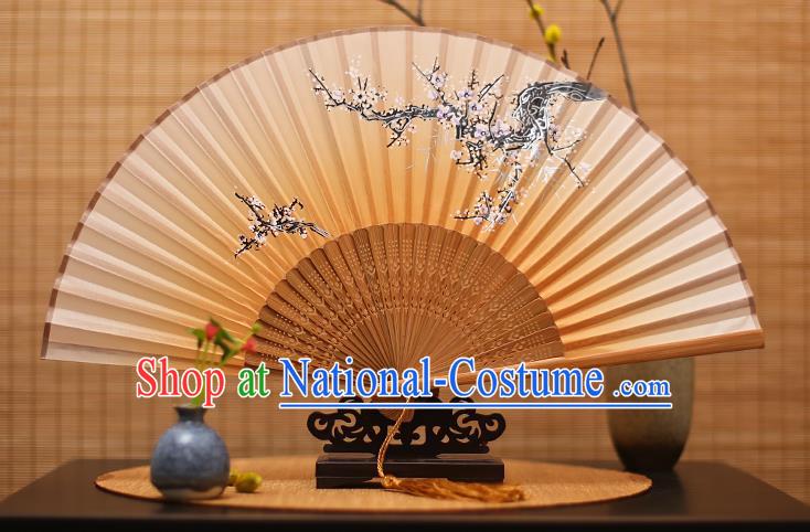 Traditional Chinese Crafts Printing Wintersweet Yellow Folding Fan, China Handmade Bamboo Fans for Women