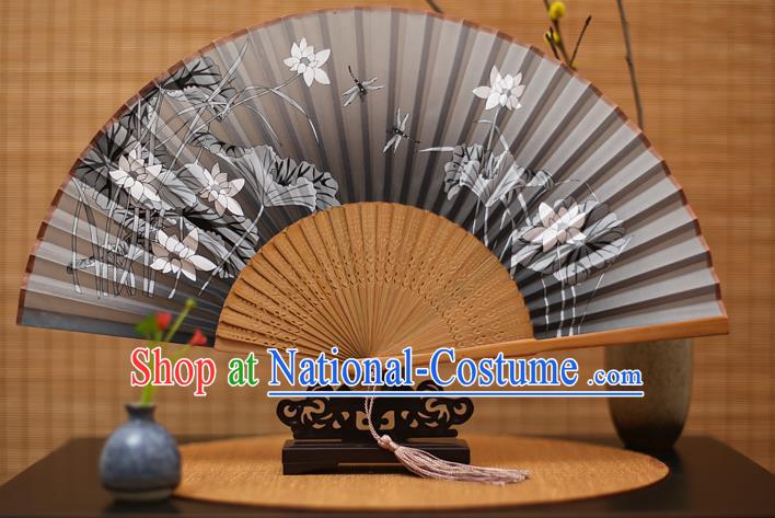 Traditional Chinese Crafts Printing Lotus Grey Folding Fan, China Handmade Bamboo Fans for Women