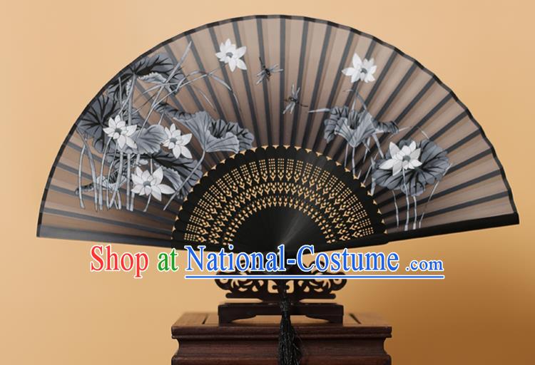 Traditional Chinese Crafts Printing Lotus Black Folding Fan, China Handmade Bamboo Fans for Women