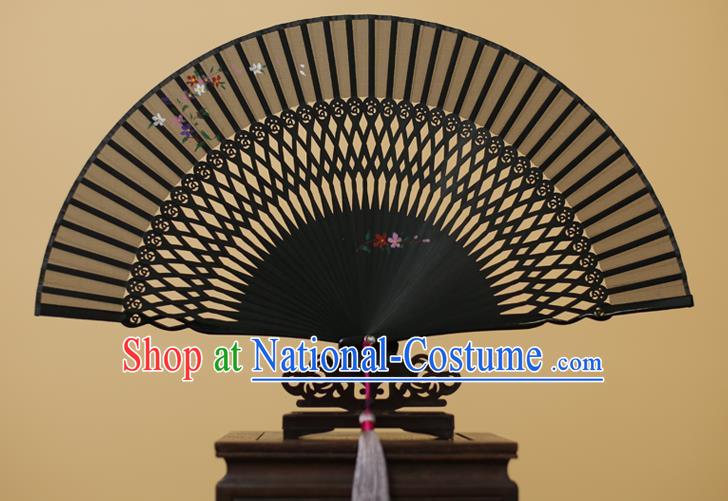 Traditional Chinese Crafts Printing Flower Black Silk Folding Fan, China Handmade Bamboo Fans for Women