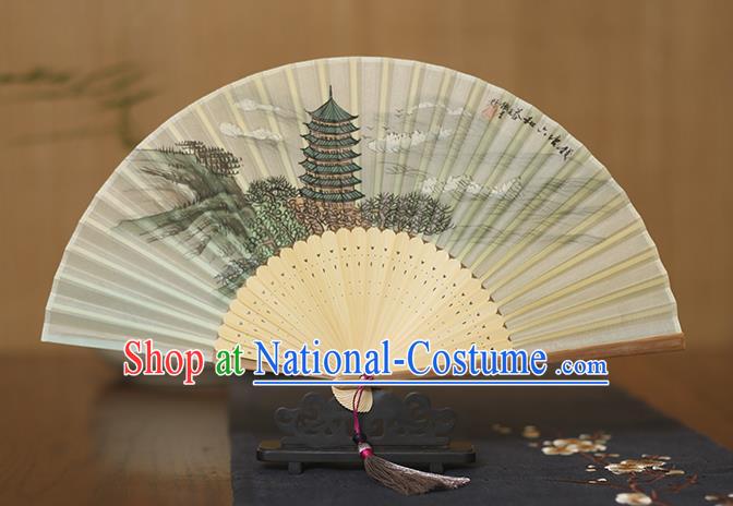 Traditional Chinese Crafts Printing Pagoda Silk Folding Fan, China Handmade Bamboo Fans for Women