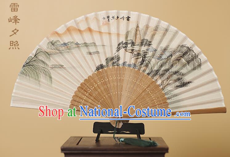 Traditional Chinese Crafts Printing Leifeng Pagoda Silk Folding Fan, China Handmade Bamboo Fans for Women