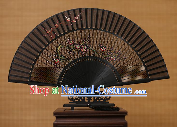 Traditional Chinese Crafts Hand Painting Plum Blossom Folding Fan, China Handmade Black Silk Fans for Women