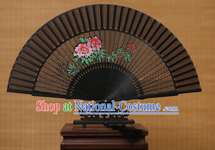 Traditional Chinese Crafts Hand Painting Peony Folding Fan, China Handmade Black Silk Fans for Women