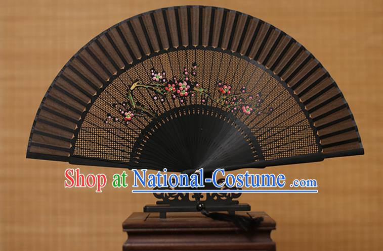 Traditional Chinese Crafts Hand Painting Wintersweet Folding Fan, China Handmade Black Silk Fans for Women