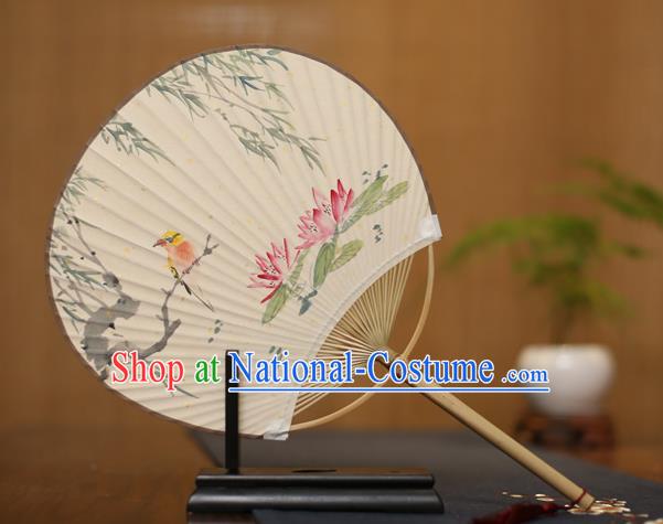 Traditional Chinese Crafts Printing Lotus Paper Fan, China Palace Fans Princess Round Fans for Women