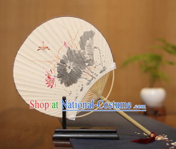 Traditional Chinese Crafts Ink Painting Lotus Paper Fan, China Palace Fans Princess Round Fans for Women