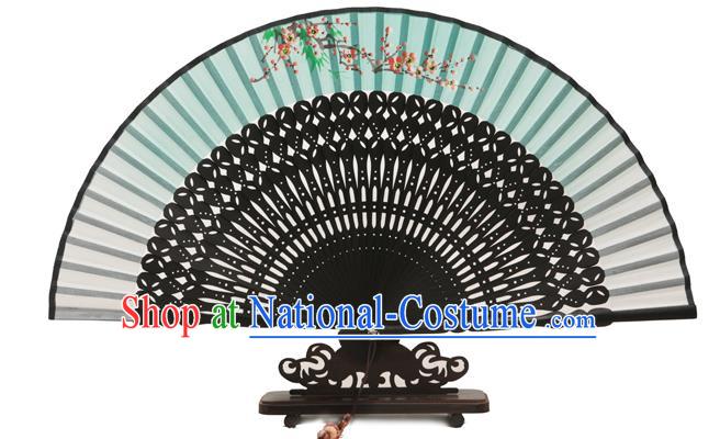 Traditional Chinese Crafts Green Silk Folding Fan, China Handmade Printing Plum Blossom Fans for Women