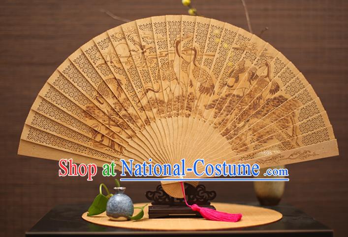 Traditional Chinese Crafts Sandalwood Folding Fan, China Handmade Hollow Out Crane Incienso Fans for Women