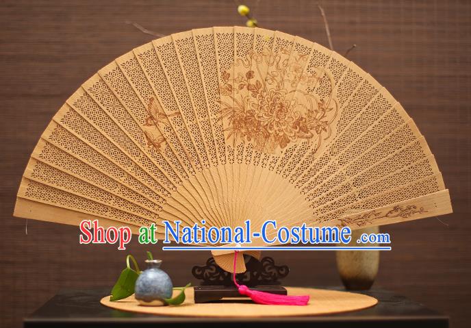 Traditional Chinese Crafts Sandalwood Folding Fan, China Handmade Hollow Out Chrysanthemum Incienso Fans for Women