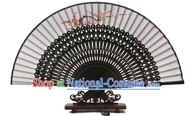 Traditional Chinese Crafts Grey Silk Folding Fan, China Handmade Printing Plum Blossom Fans for Women