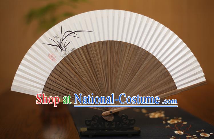 Traditional Chinese Crafts Printing Orchid Folding Fan, China Handmade Xuan Paper Fans for Women