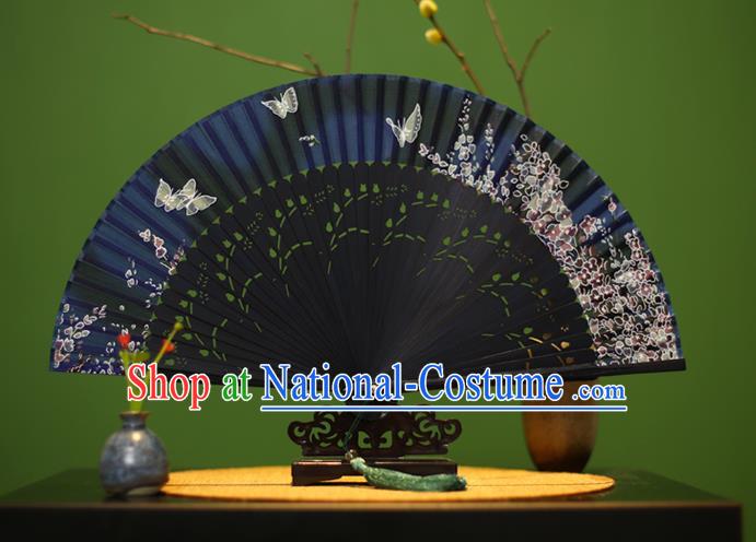 Traditional Chinese Crafts Printing Classical Folding Fan, China Handmade Navy Silk Fans for Women