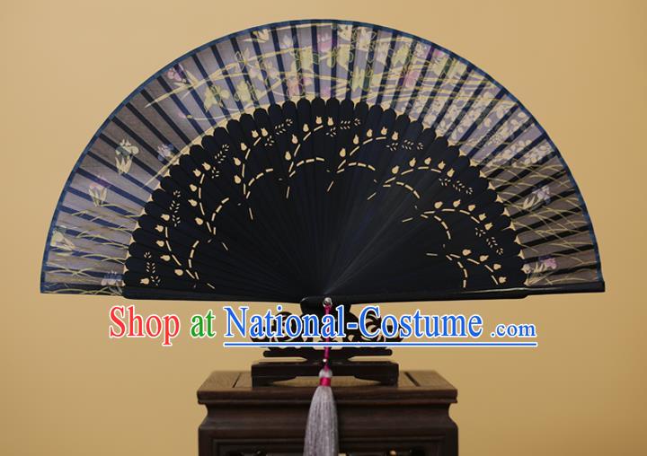 Traditional Chinese Crafts Printing Orchid Classical Folding Fan, China Handmade Navy Silk Fans for Women