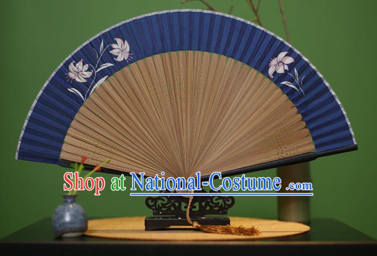 Traditional Chinese Crafts Printing Flowers Classical Folding Fan, China Handmade Blue Silk Fans for Women