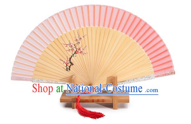 Traditional Chinese Crafts Pink Silk Folding Fan, China Handmade Printing Plum Blossom Bamboo Fans for Women