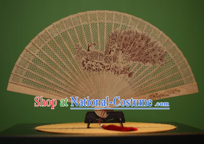 Traditional Chinese Crafts Sandalwood Folding Fan, China Handmade Carving Peacock Incienso Fans for Women